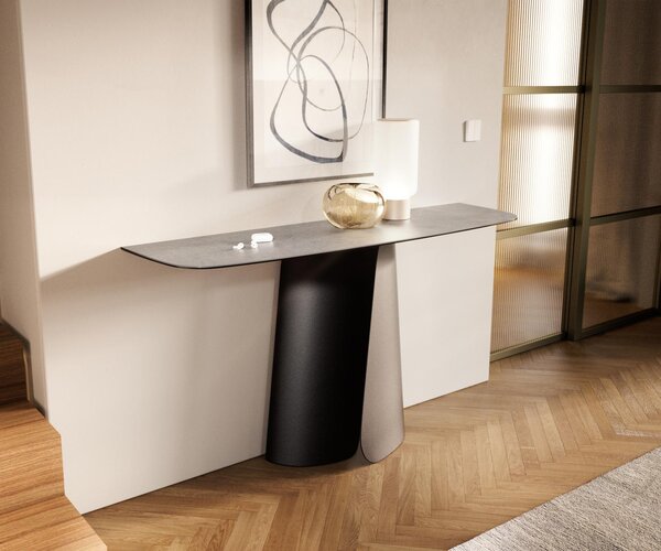 DELIFE Konzolasztal Edge hajóformájú 140x40 cm kerámia beton szürke Livos fém fekete