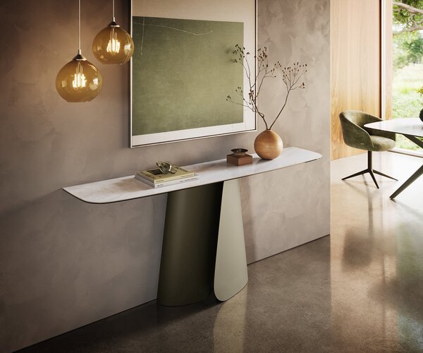DELIFE Konzolasztal Edge hajóformájú 180x40 cm kerámia onyx gyöngyház Livos fém titán effekt finish