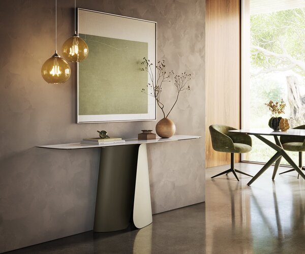 DELIFE Konzolasztal Edge hajóformájú 180x40 cm kerámia onyx gyöngyház Livos fém titán effekt finish