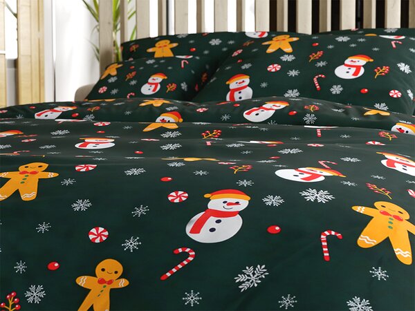 SNOWMAN AND GINGERBREAD mikroszálas ágyneműhuzat zöld Ágyneműhuzat mérete: 70 x 90 cm | 140 x 200 cm