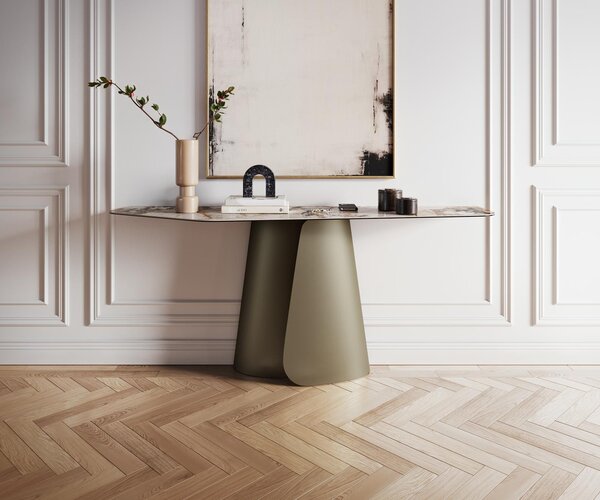 DELIFE Konzolasztal Edge poligonális 180x50 cm kerámia patagónia polírozott Livos fém titán effekt finish