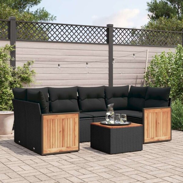 VidaXL 7 részes fekete polyrattan kerti ülőgarnitúra párnával