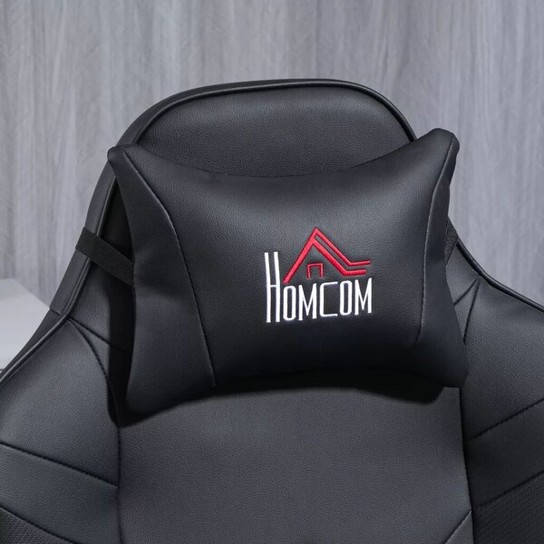 HOMCOM Prémium Gamer Szék, masszázs funkció, dönthető háttámla, lábtartó, acél keret, műbőr, fekete