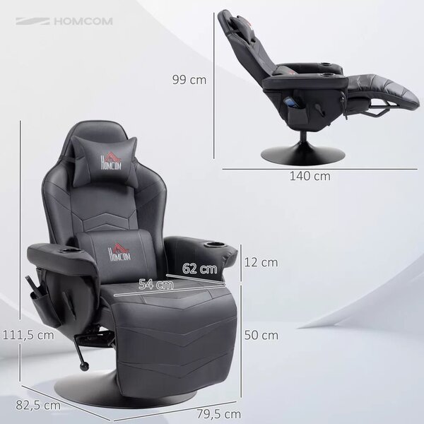 HOMCOM Prémium Gamer Szék, masszázs funkció, dönthető háttámla, lábtartó, acél keret, műbőr, fekete