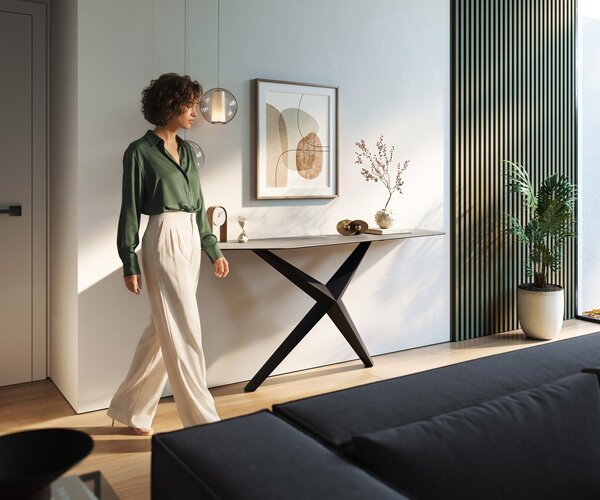 DELIFE Konzolasztal Edge poligonális 180x50 cm kerámia beton szürke Zentharo fém fekete