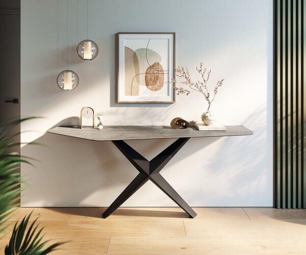 DELIFE Konzolasztal Edge poligonális 180x50 cm kerámia beton szürke Zentharo fém fekete
