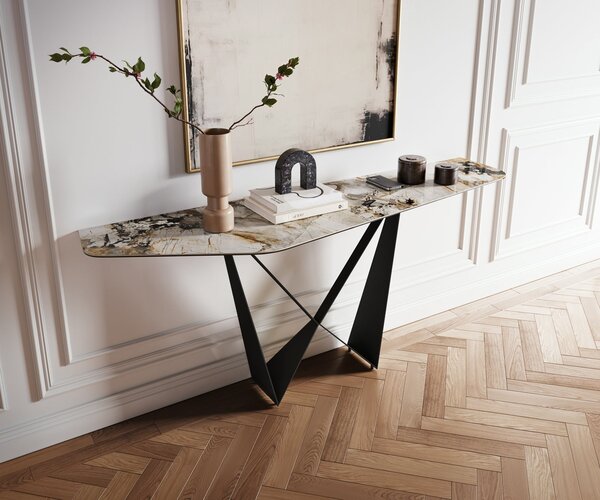 DELIFE Konzolasztal Edge poligonális 180x50 cm kerámia patagónia polírozott Spios fém fekete