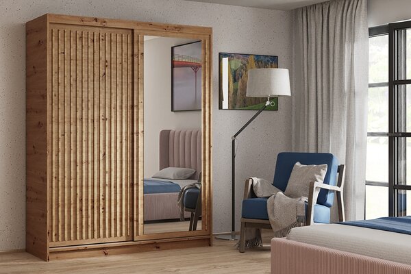 Szekrény lécekkel és tükörrel 100 cm WARDO - kézműves tölgyfa