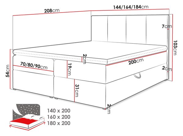CARMELA boxspring ágy 140x200 - szürke + INGYENES topper