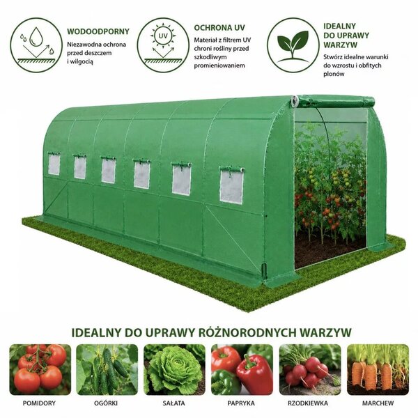 Zöldséges üvegház, zöld UV ablakokkal, 6x3x2m, 18m²