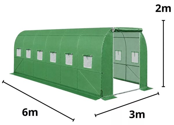 Zöldséges üvegház, zöld UV ablakokkal, 6x3x2m, 18m²
