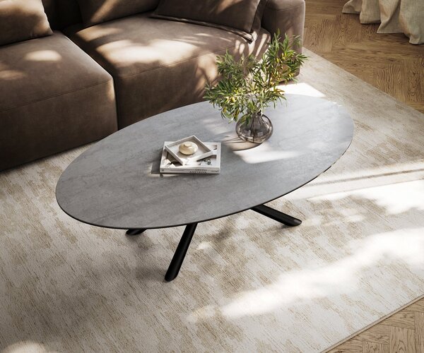 DELIFE Dohányzóasztal Edge ovális 140x80 cm kerámia beton szürke Sarity fém fekete