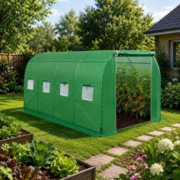 Fóliaalagút kerti üvegház zöldségeknek, ablakok, zöld, UV, 4x2,5x2 m, 10 m²