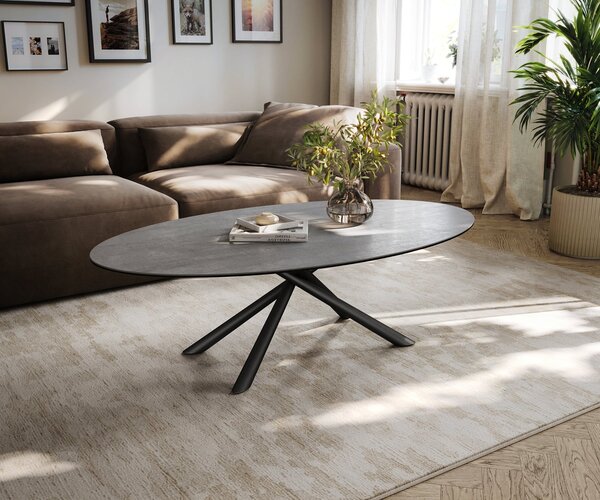 DELIFE Dohányzóasztal Edge ovális 140x80 cm kerámia beton szürke Sarity fém fekete