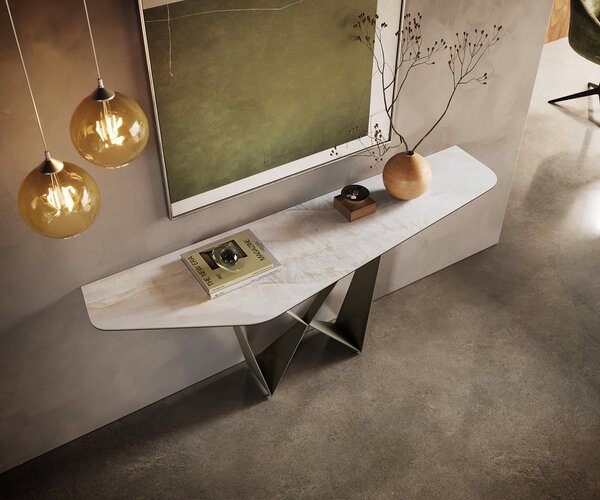 DELIFE Konzolasztal Edge poligonális 180x50 cm kerámia onyx gyöngyház Spios fém titán színű effektfinish