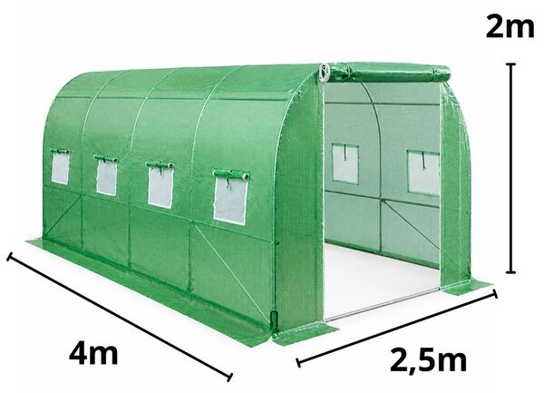 Fóliaalagút kerti üvegház zöldségeknek, ablakok, zöld, UV, 4x2,5x2 m, 10 m²