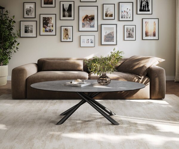 DELIFE Dohányzóasztal Edge ovális 140x80 cm kerámia beton szürke Sarity fém fekete