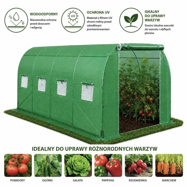 Fóliaalagút kerti üvegház zöldségeknek, ablakok, zöld, UV, 4x2,5x2 m, 10 m²