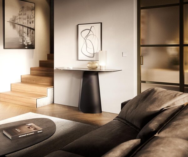 DELIFE Konzolasztal Edge poligonális 140x50 cm kerámia beton szürke Spios fém fekete