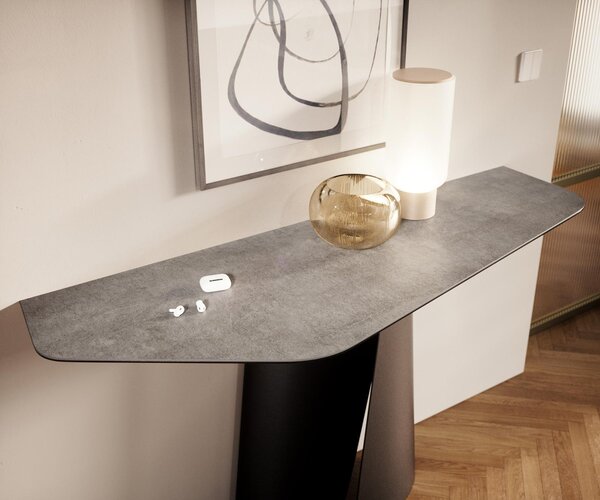 DELIFE Konzolasztal Edge poligonális 140x50 cm kerámia beton szürke Spios fém fekete