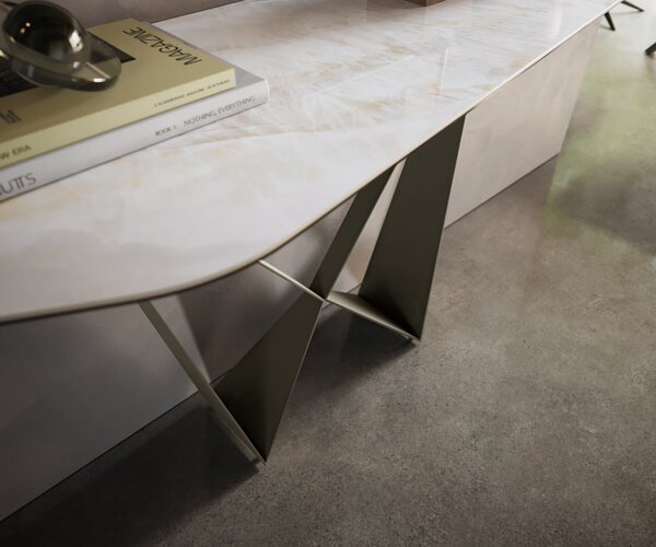 DELIFE Konzolasztal Edge poligonális 180x50 cm kerámia onyx gyöngyház Spios fém titán színű effektfinish