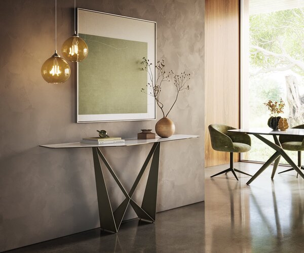 DELIFE Konzolasztal Edge poligonális 180x50 cm kerámia onyx gyöngyház Spios fém titán színű effektfinish