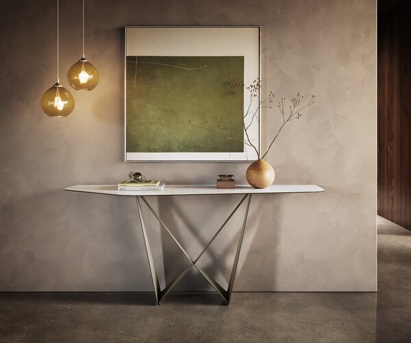 DELIFE Konzolasztal Edge poligonális 180x50 cm kerámia onyx gyöngyház Spios fém titán színű effektfinish