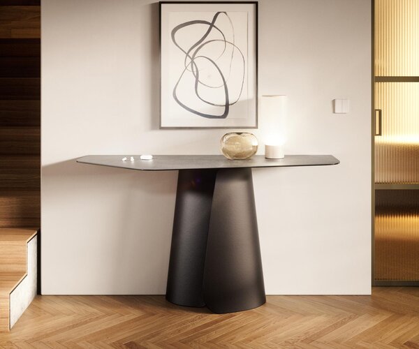 DELIFE Konzolasztal Edge poligonális 140x50 cm kerámia beton szürke Spios fém fekete