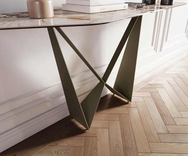DELIFE Konzolasztal Edge poligonális 180x50 cm kerámia patagónia polírozott spios fém titán effekt finish