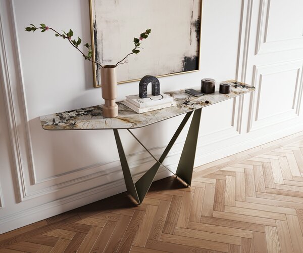 DELIFE Konzolasztal Edge poligonális 180x50 cm kerámia patagónia polírozott spios fém titán effekt finish