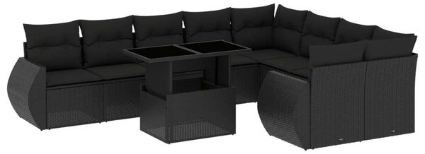 VidaXL 10 részes fekete polyrattan kerti ülőgarnitúra párnákkal