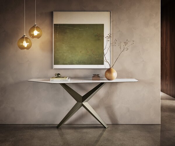 DELIFE Konzolasztal Edge poligonális 180x50 cm kerámia onyx gyöngyház Zentharo fém titán színű effekt finish