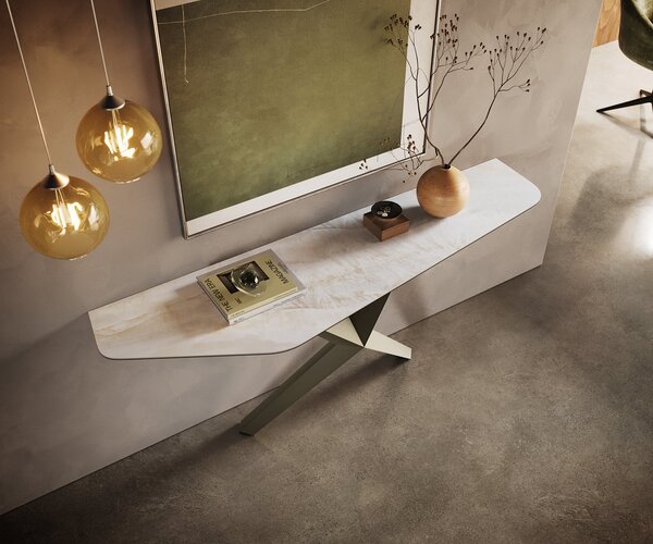 DELIFE Konzolasztal Edge poligonális 180x50 cm kerámia onyx gyöngyház Zentharo fém titán színű effekt finish