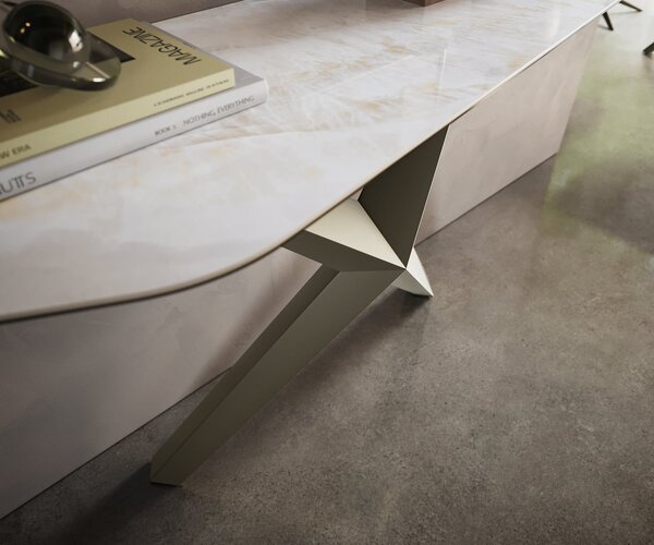 DELIFE Konzolasztal Edge poligonális 180x50 cm kerámia onyx gyöngyház Zentharo fém titán színű effekt finish