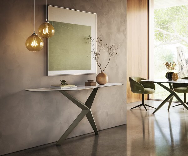 DELIFE Konzolasztal Edge poligonális 180x50 cm kerámia onyx gyöngyház Zentharo fém titán színű effekt finish