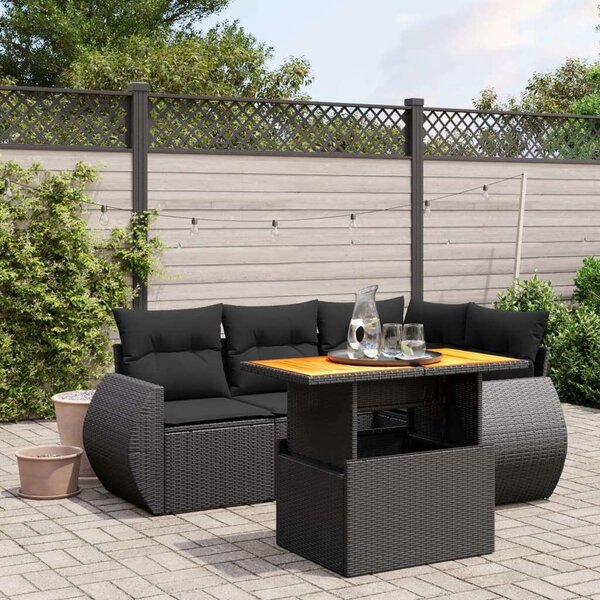 VidaXL 5 részes fekete polyrattan kerti kanapészett párnákkal
