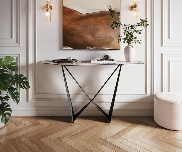 DELIFE Konzolasztal Edge poligonális 140x50 cm kerámia patagónia polírozott Spios fém fekete