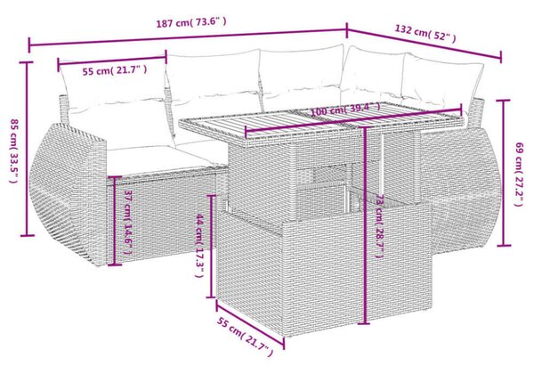 VidaXL 5 részes fekete polyrattan kerti kanapészett párnákkal