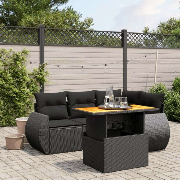 VidaXL 5 részes fekete polyrattan kerti kanapészett párnákkal