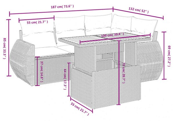 VidaXL 5 részes fekete polyrattan kerti kanapészett párnákkal