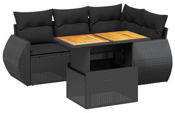 VidaXL 5 részes fekete polyrattan kerti kanapészett párnákkal