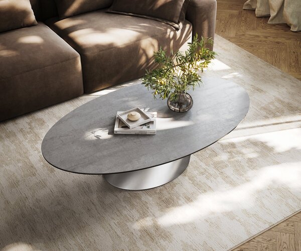 DELIFE Dohányzóasztal Edge ovális 140x80 cm kerámia beton szürke Conis rozsdamentes acél szálcsiszolt