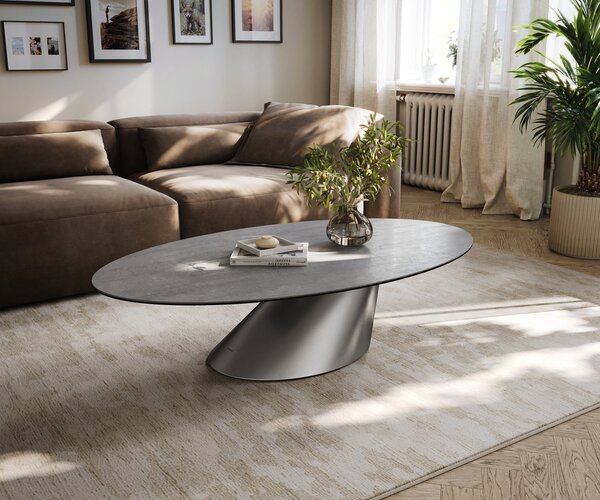 DELIFE Dohányzóasztal Edge ovális 140x80 cm kerámia beton szürke Conis rozsdamentes acél szálcsiszolt