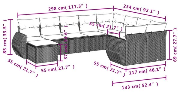 Polyrattan Kerti Ülőgarnitúra - 10 részes - Fekete