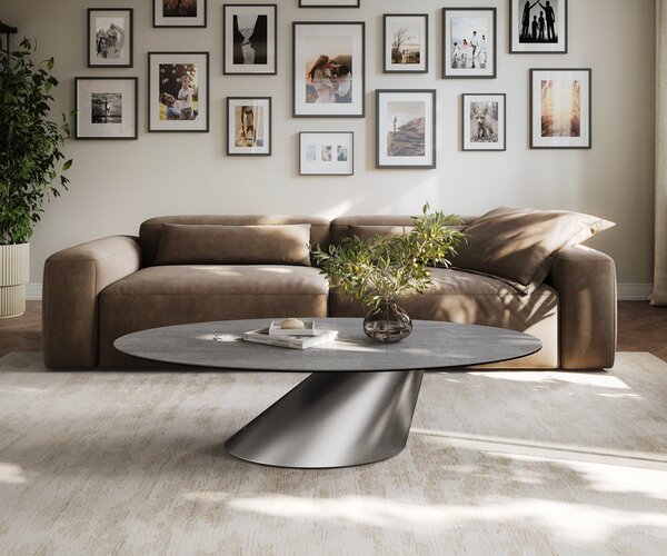 DELIFE Dohányzóasztal Edge ovális 140x80 cm kerámia beton szürke Conis rozsdamentes acél szálcsiszolt