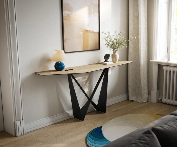 DELIFE Konzolasztal Edge poligonális 180x50 cm Laminam® Sabbia kerámia tölgy színű Spios fekete fém