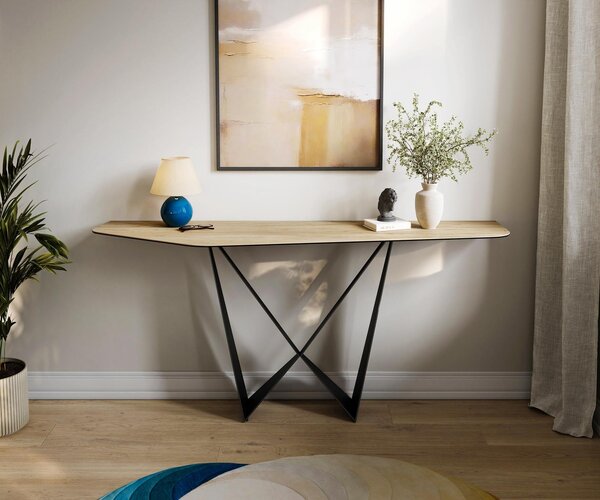 DELIFE Konzolasztal Edge poligonális 180x50 cm Laminam® Sabbia kerámia tölgy színű Spios fekete fém