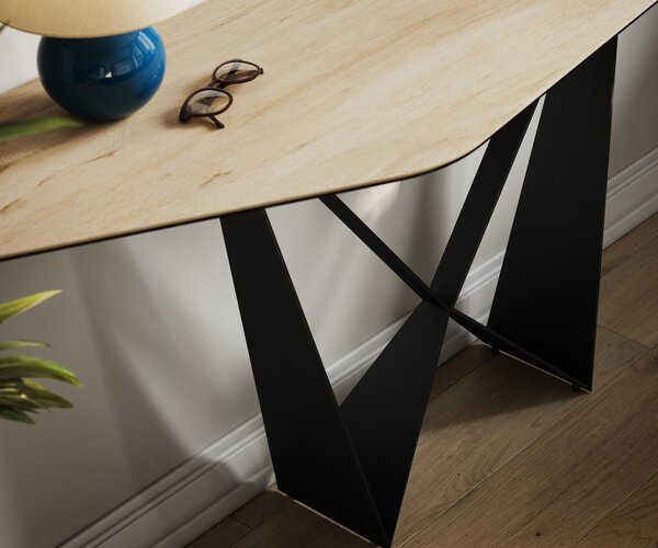 DELIFE Konzolasztal Edge poligonális 180x50 cm Laminam® Sabbia kerámia tölgy színű Spios fekete fém