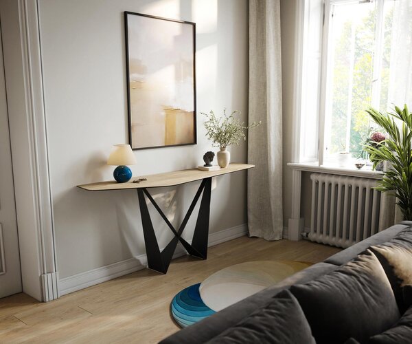 DELIFE Konzolasztal Edge poligonális 180x50 cm Laminam® Sabbia kerámia tölgy színű Spios fekete fém