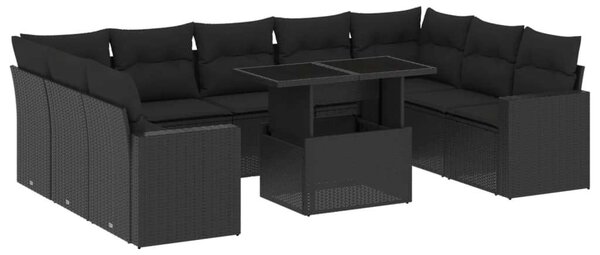 VidaXL 10 részes fekete polyrattan kerti ülőgarnitúra párnákkal